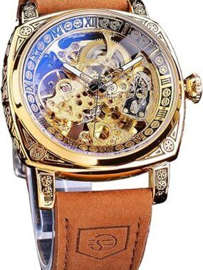 Square Retro Mechanical Watch Self-Wind Skeleton Automatic Leather Strap